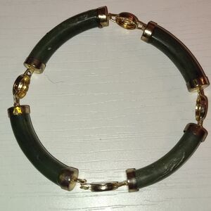Elegant Green and Gold Bracelet With Chinese Symbols Vintage Green Stone